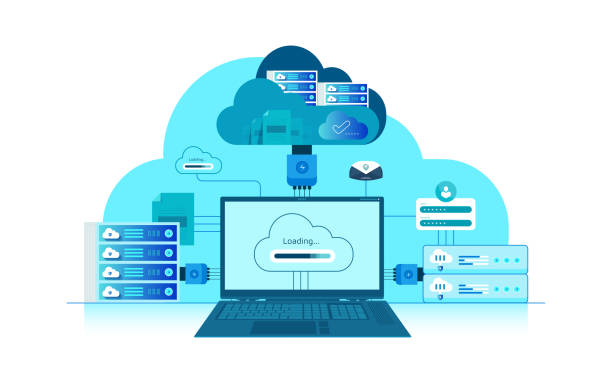 Isometric illustration of a data processing center and cloud storage infrastructure with servers and digital connections.